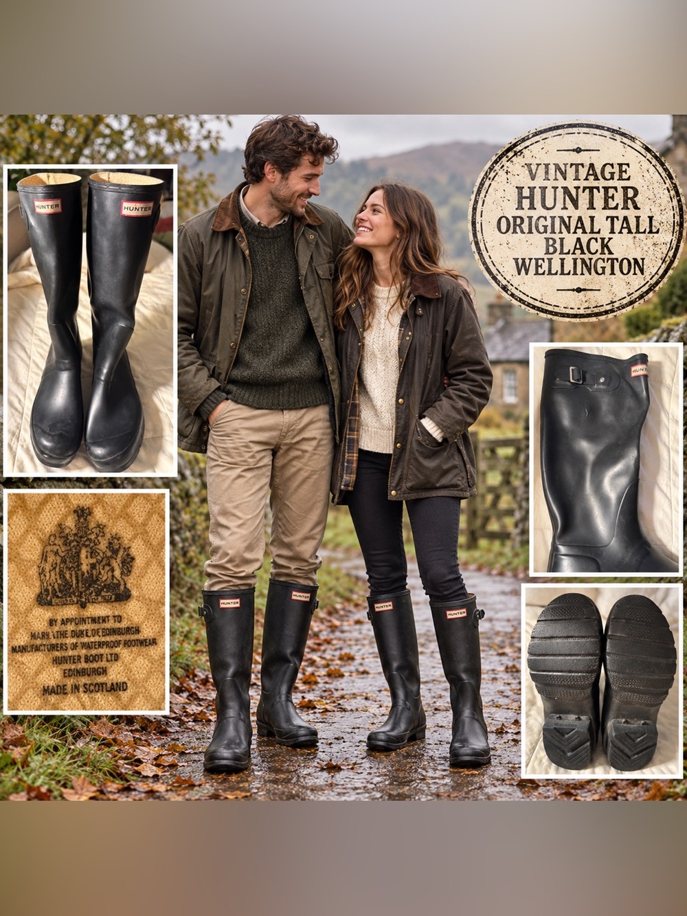 Vintage Hunter Original Tall Black Wellington Boots Scotland Men’s 8 Women’s 9